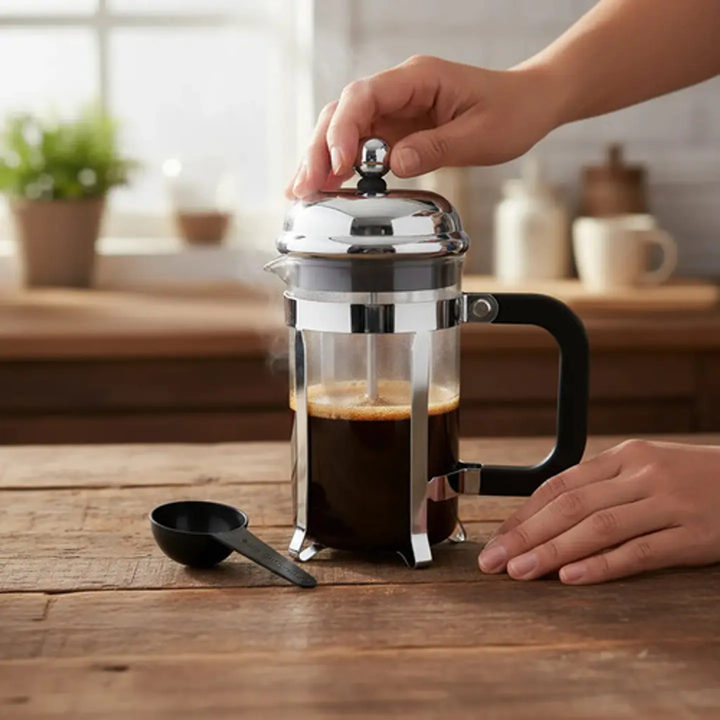 Prensa Francesa Cafe +cuchara Vidrio 350ml Filtro Acero Lujo Negro 8