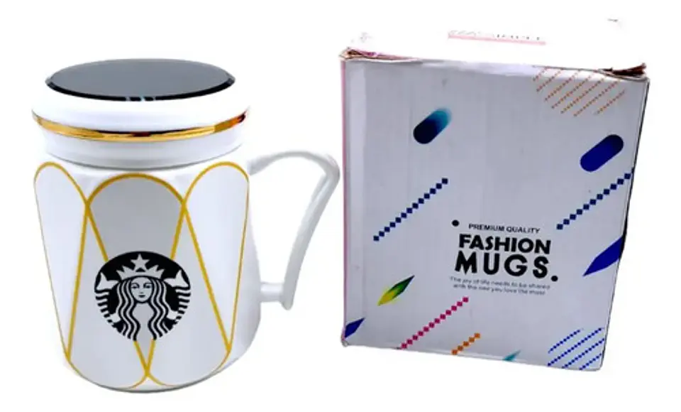 Taza Cerámica Fashion Mugs C2115-1 Con Tapa Espejo Blanco Café Té 1