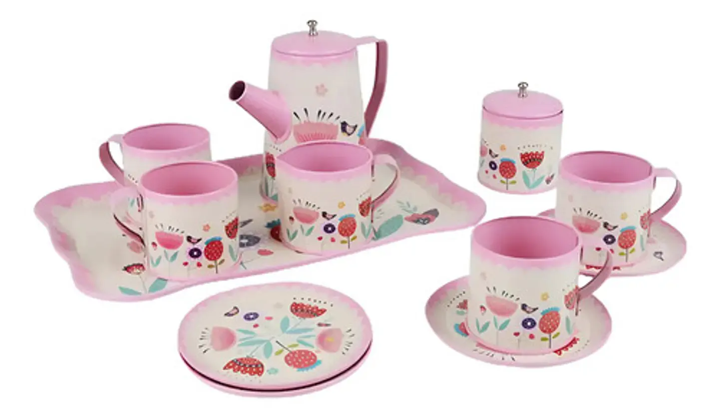 Set De Té Metálico 13 Piezas Color Rosado Aozi Toys Con Vajilla Cocina 1