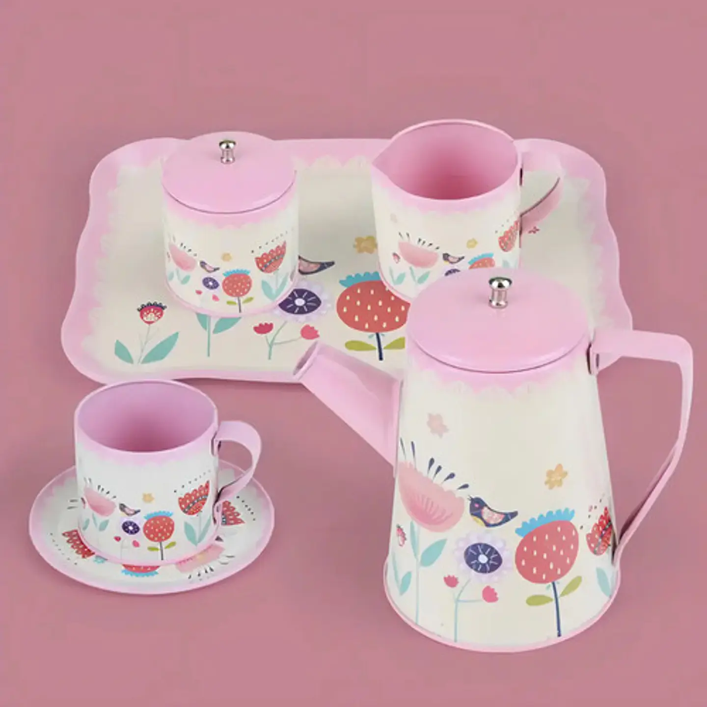 Set De Té Metálico 13 Piezas Color Rosado Aozi Toys Con Vajilla Cocina 3