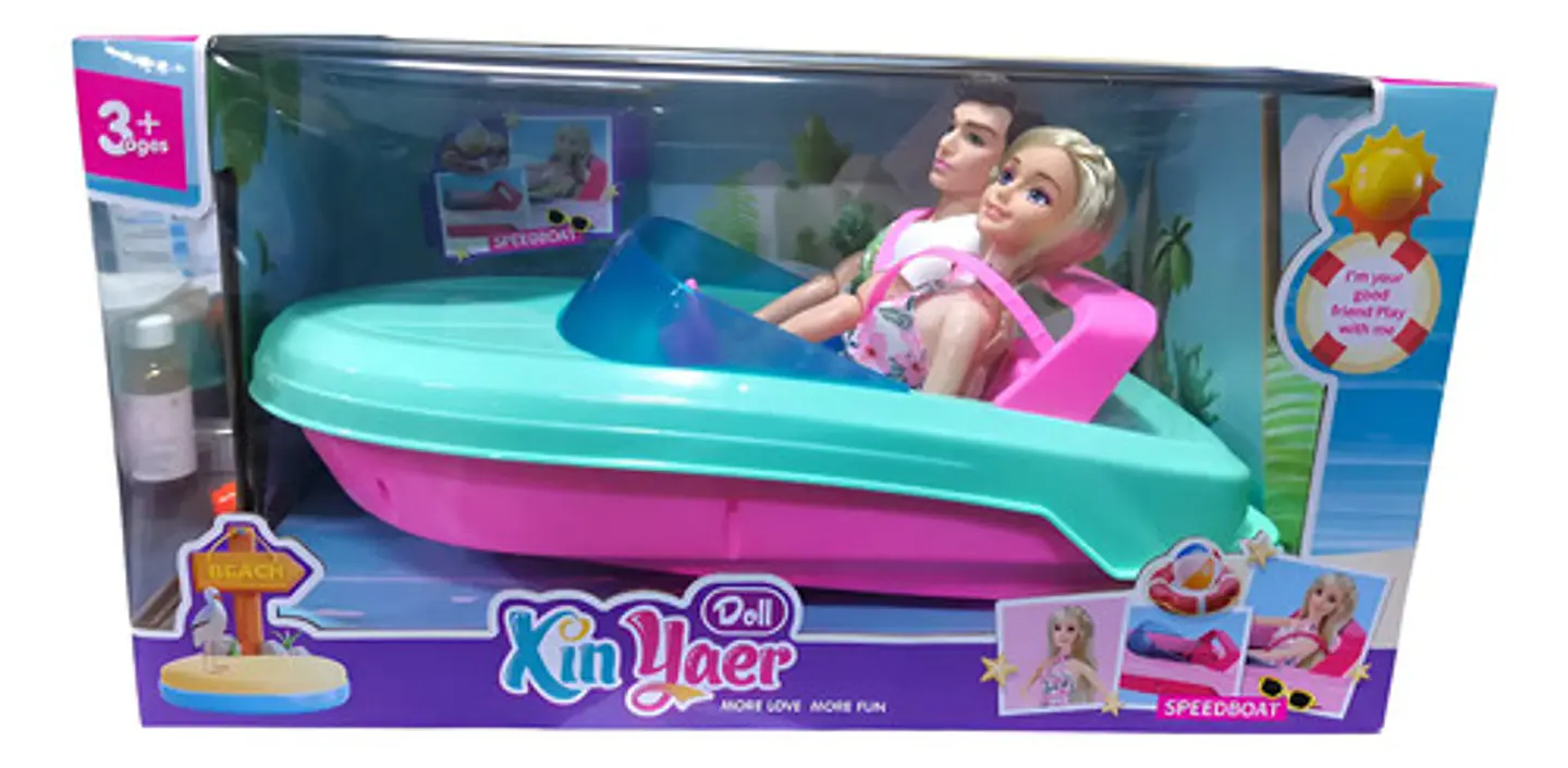 Bote Lancha + Muñeca Y Ken Juguete Color Rosa 1