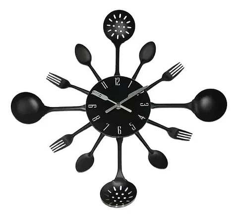 Reloj De Pared Redondo Para Cocina De Metal Negro Con Utensilios  40 Cm