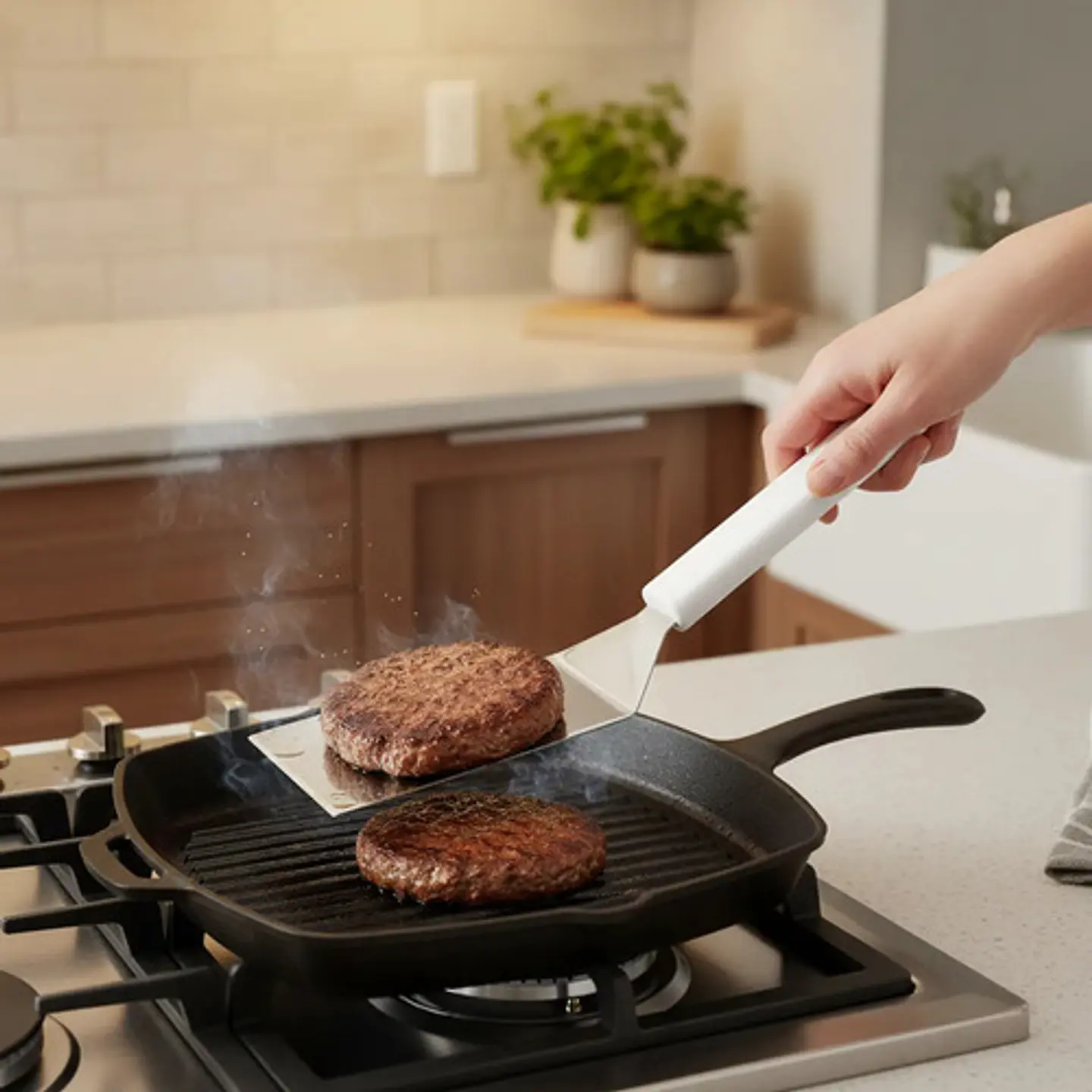 Espátula Hamburgesa Utensilio Cocina Curva Mango Plastico Madera 2