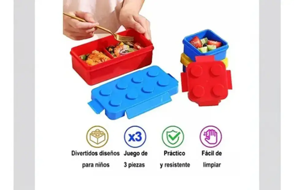Lonchera Para Niños 3 Contenedores Tapa Hermética Bloques 5