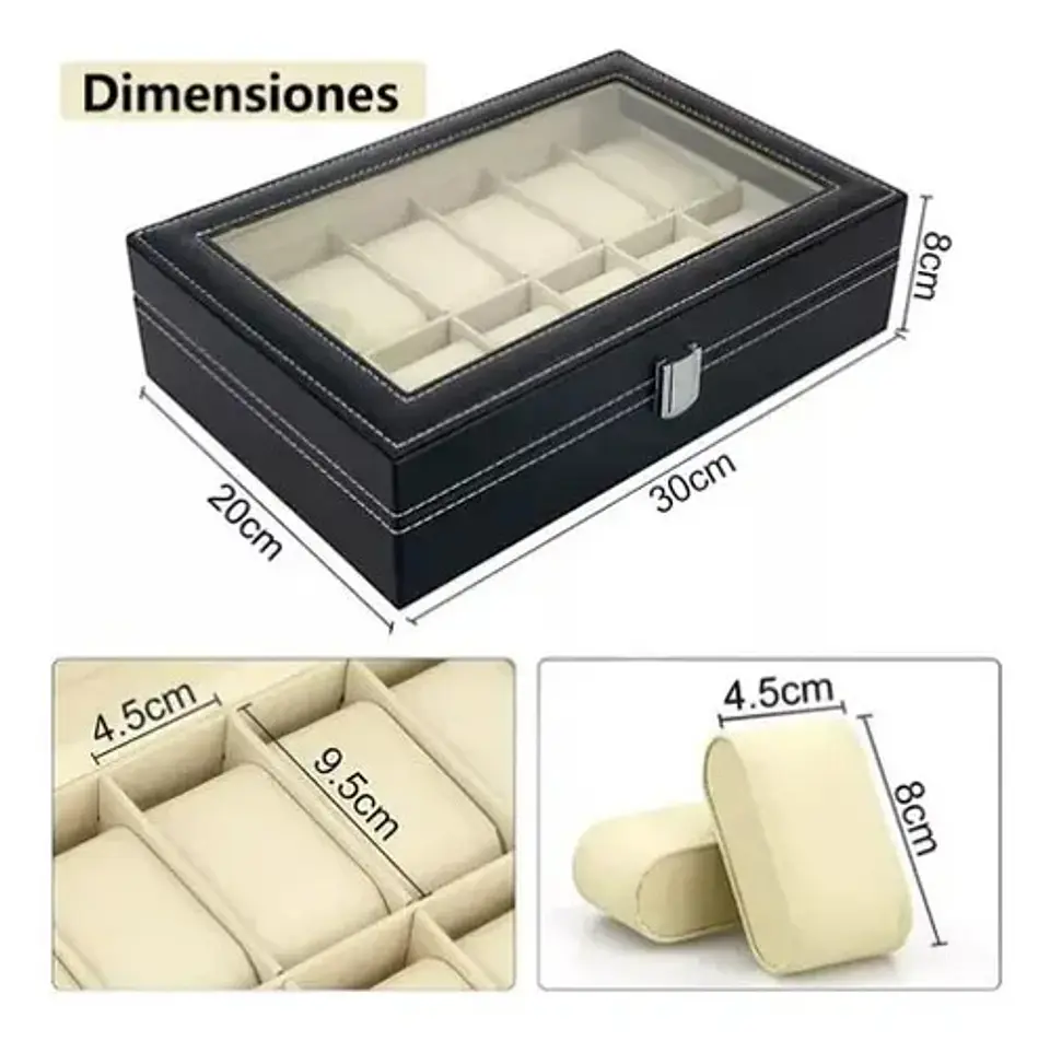 Estuche Caja Organizador Para Relojes 12 Ranuras Color Negro 2