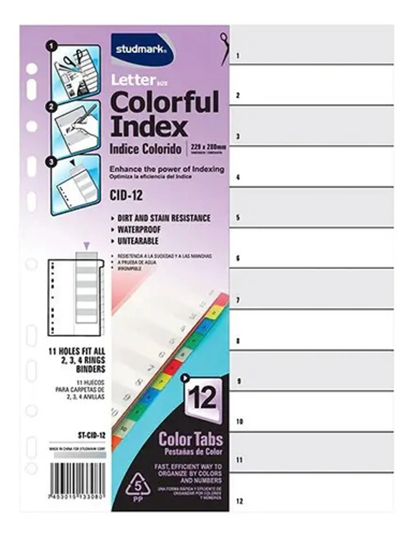 Separadores Para Archivador Studmark De Plástico Multicolor Con Lengüeta Y 12 Unidades Indice Colores 3