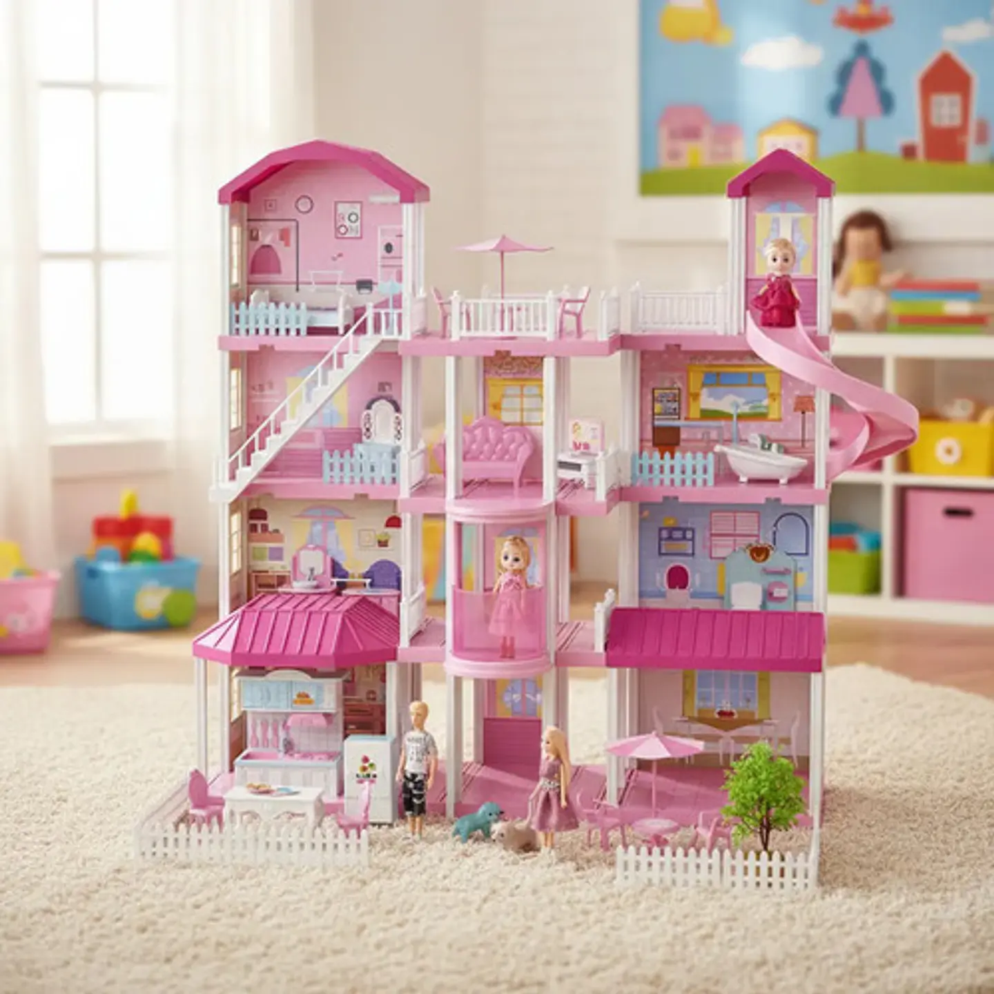 Casa De Muñecas 4 Pisos House Models Infantil Con Muebles Rosa Chicle 6