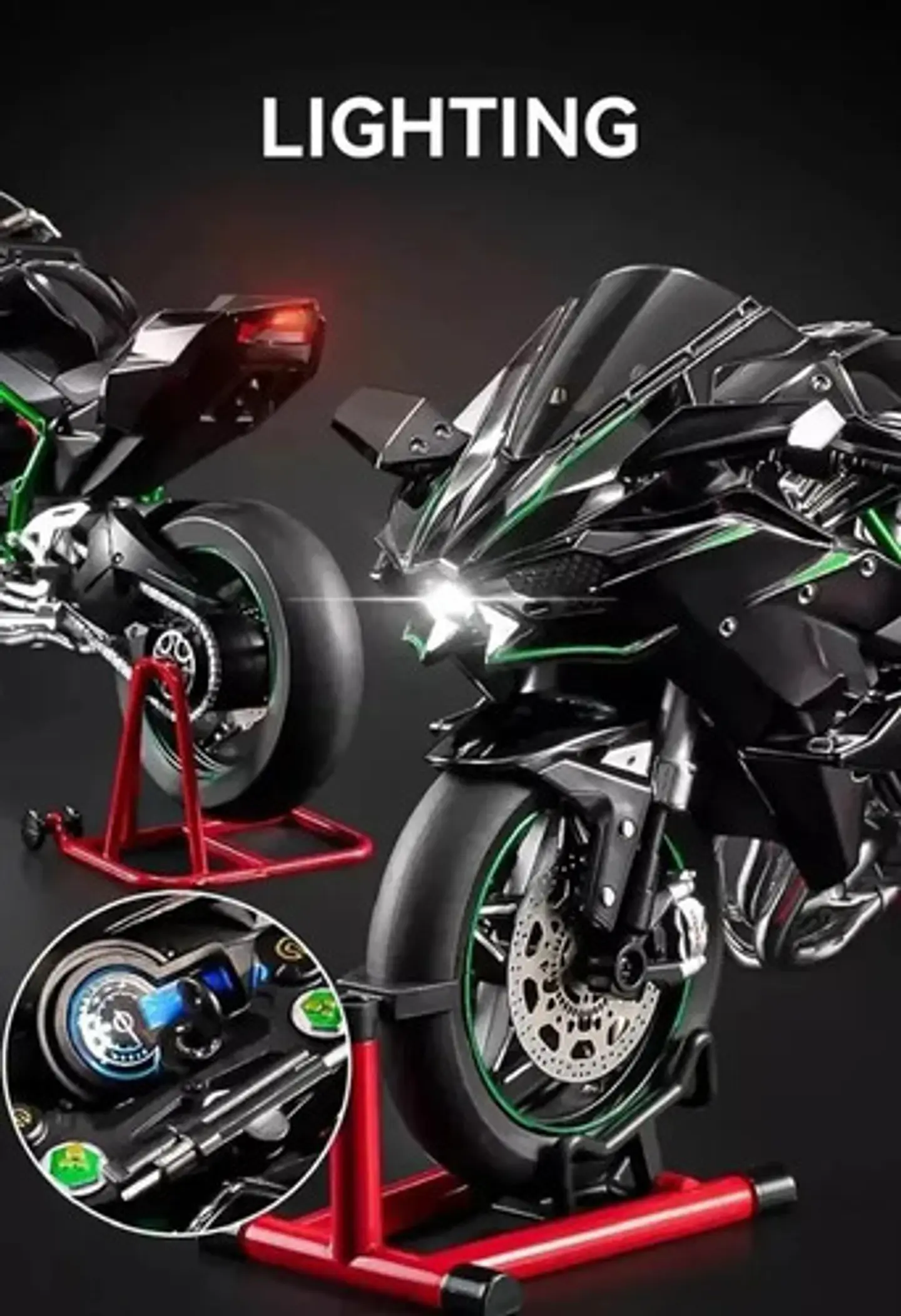 Kawasaki Ninja H2r 32cm Humo Luz Sonido Movimiento 1:6 Black 3