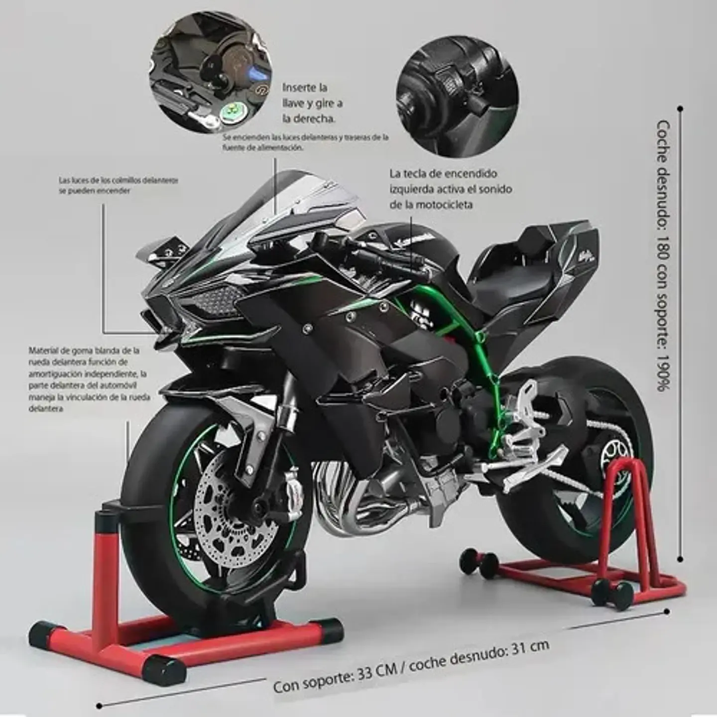 Kawasaki Ninja H2r 32cm Humo Luz Sonido Movimiento 1:6 Black 8