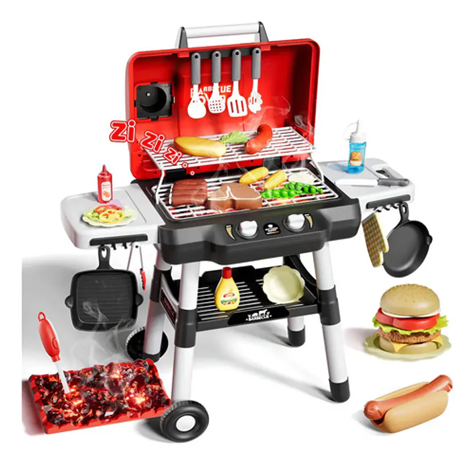 Parrilla Bbq Juguete Asador Cocina Para Niños Humo Y Luces Rojo 3