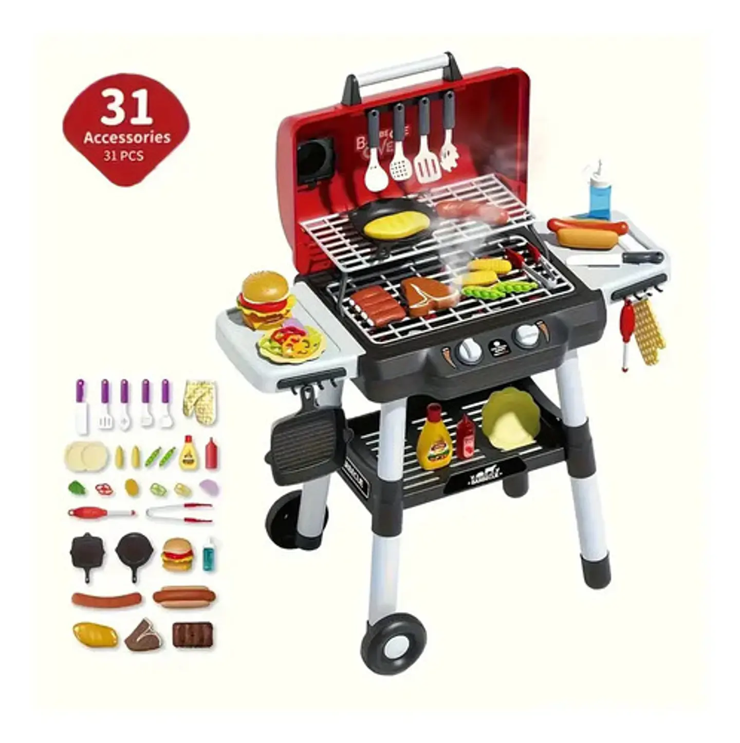 Parrilla Bbq Juguete Asador Cocina Para Niños Humo Y Luces Rojo 6