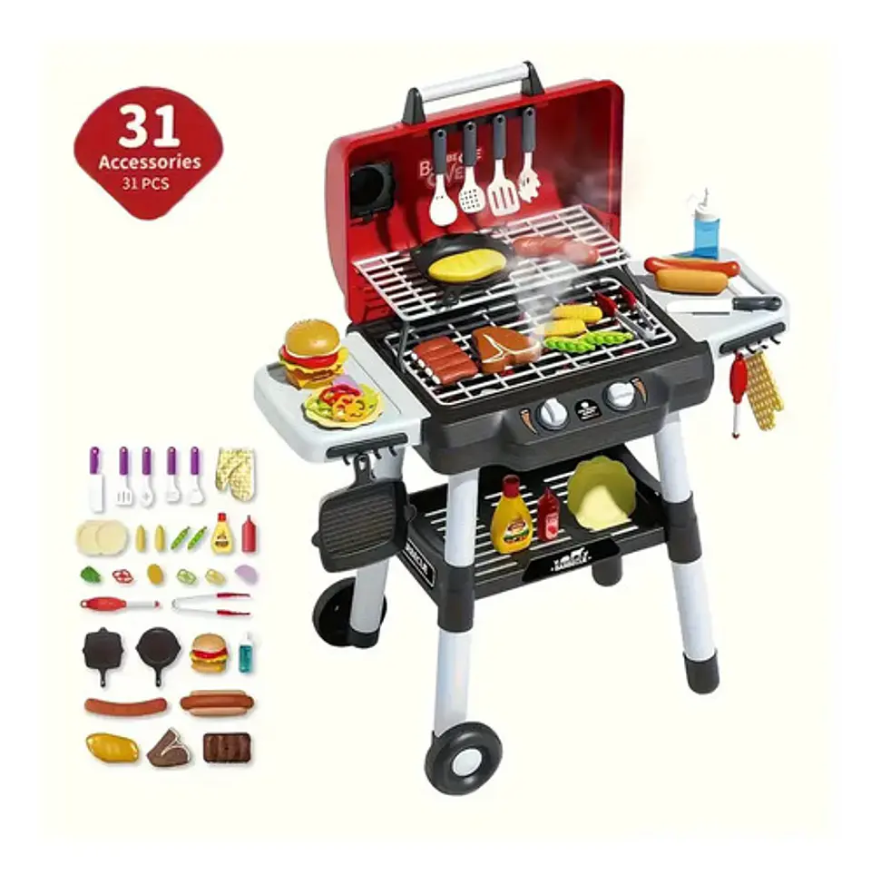 Parrilla Bbq Juguete Asador Cocina Para Niños Humo Y Luces Rojo 6