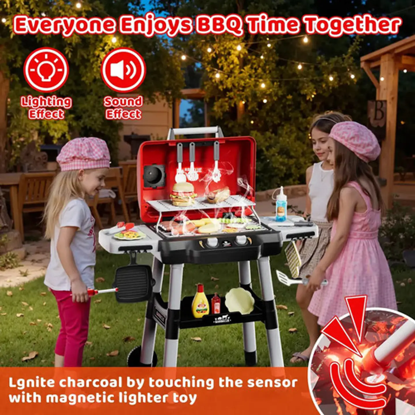 Parrilla Bbq Juguete Asador Cocina Para Niños Humo Y Luces Rojo 7