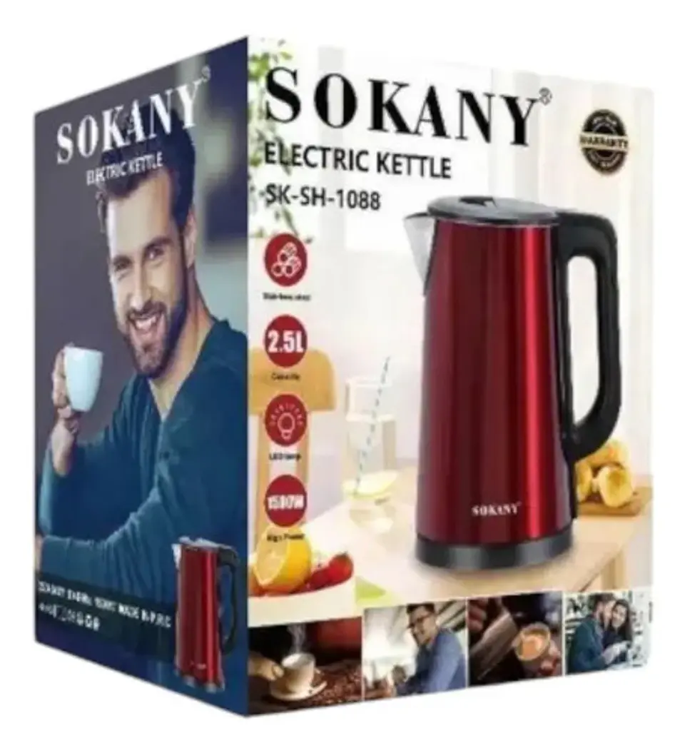 Hervidor Eléctrico Sokany Acero Inoxidable 2.5l Apagado Automático Rojo 110v 2
