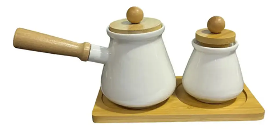 Tetera De Cerámica Y Azucarera Manija Y Tapa De Madera 3