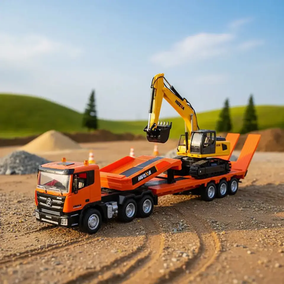 Tractomula Camión Cama Baja De Colección Escala + Excavadora Naranja/amarillo Tractomula/excavadora 2