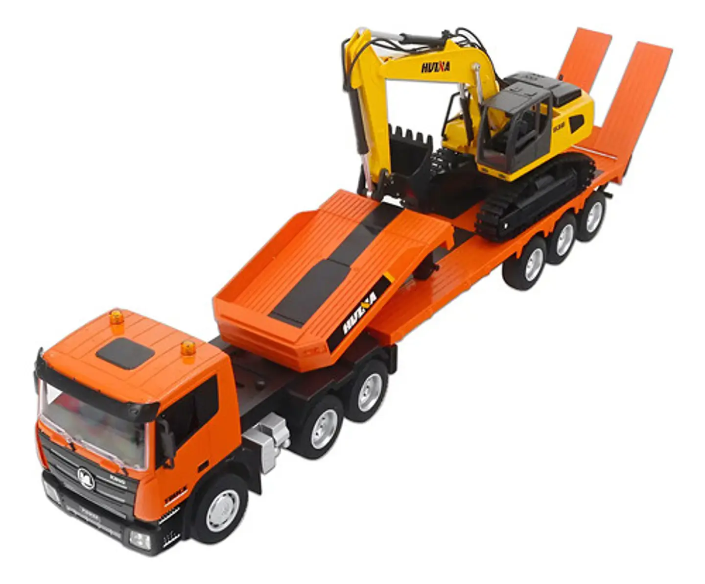Tractomula Camión Cama Baja De Colección Escala + Excavadora Naranja/amarillo Tractomula/excavadora 5