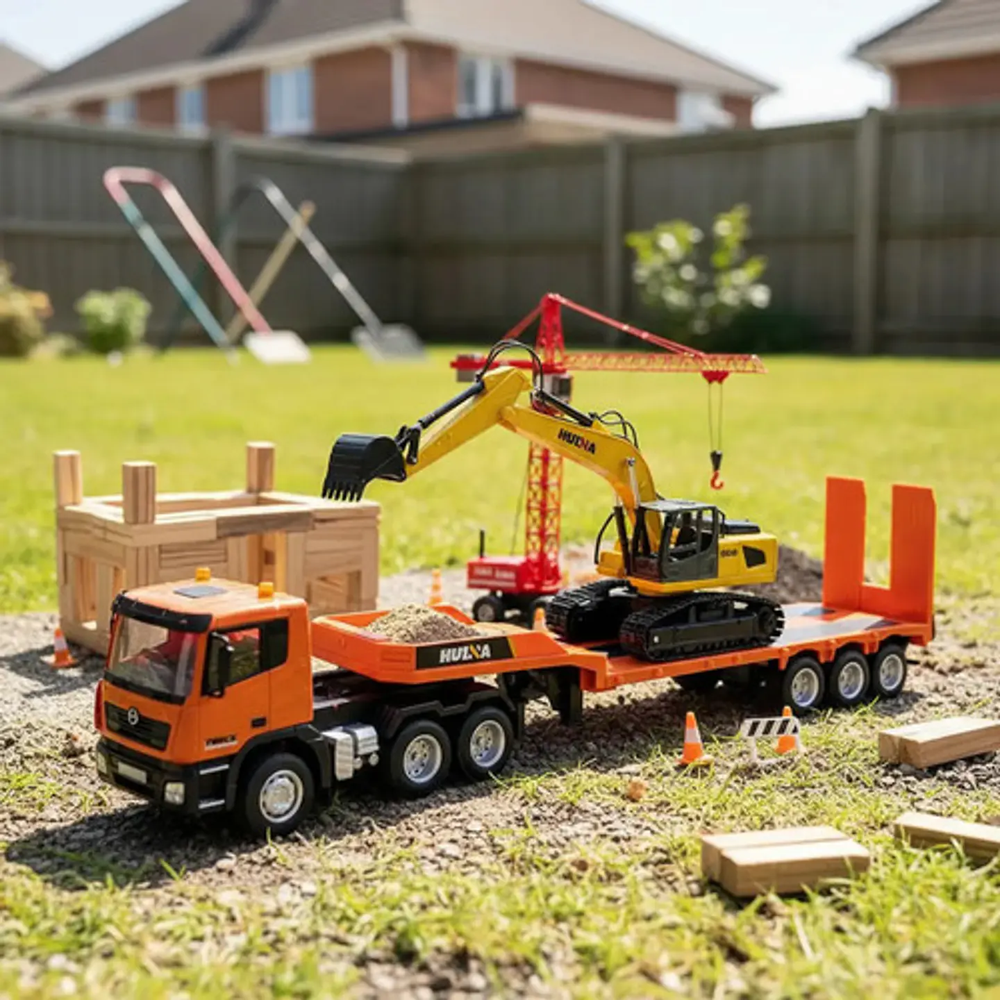 Tractomula Camión Cama Baja De Colección Escala + Excavadora Naranja/amarillo Tractomula/excavadora 6