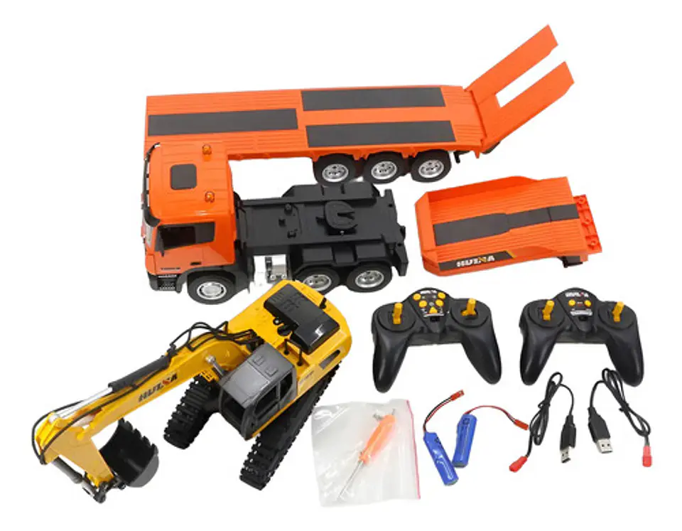 Tractomula Camión Cama Baja De Colección Escala + Excavadora Naranja/amarillo Tractomula/excavadora 7
