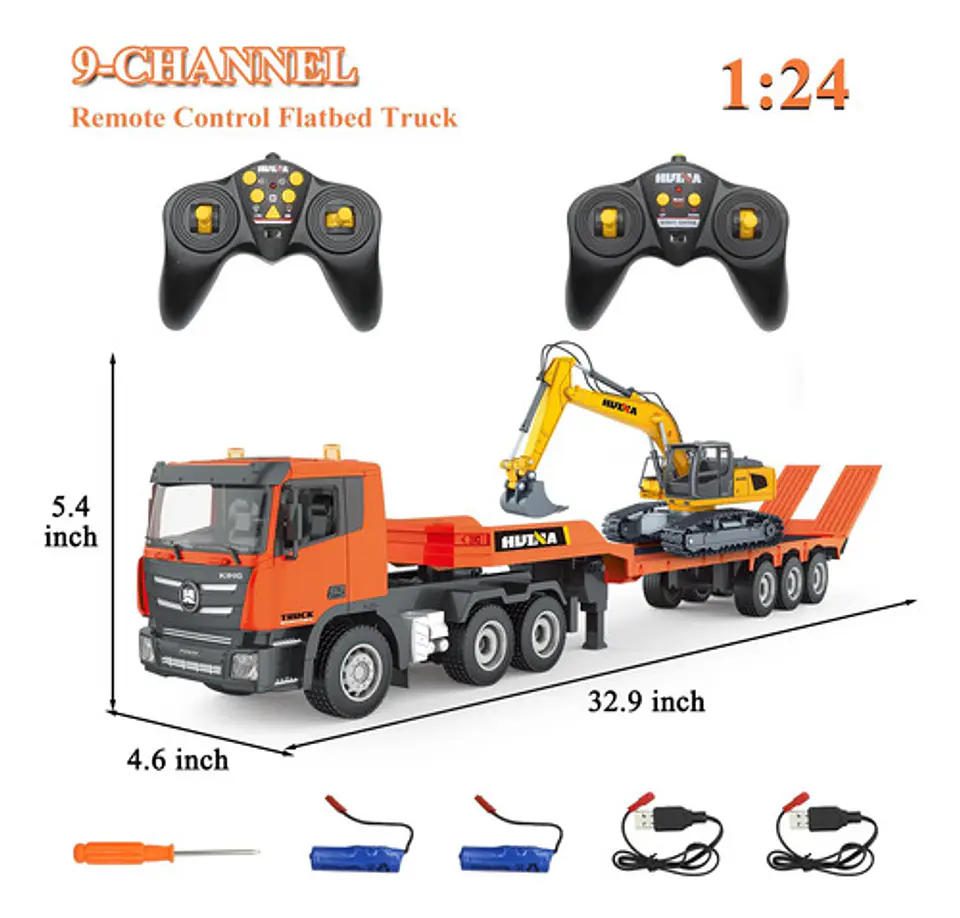 Tractomula Camión Cama Baja De Colección Escala + Excavadora Naranja/amarillo Tractomula/excavadora 9