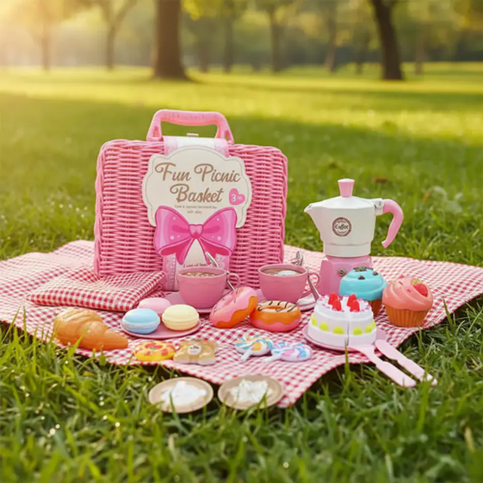 Set Te Canasta Juguete De Picnic Mantel Cocina Comida Niñas 1