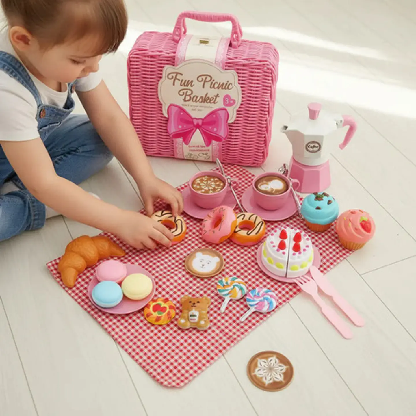 Set Te Canasta Juguete De Picnic Mantel Cocina Comida Niñas 3