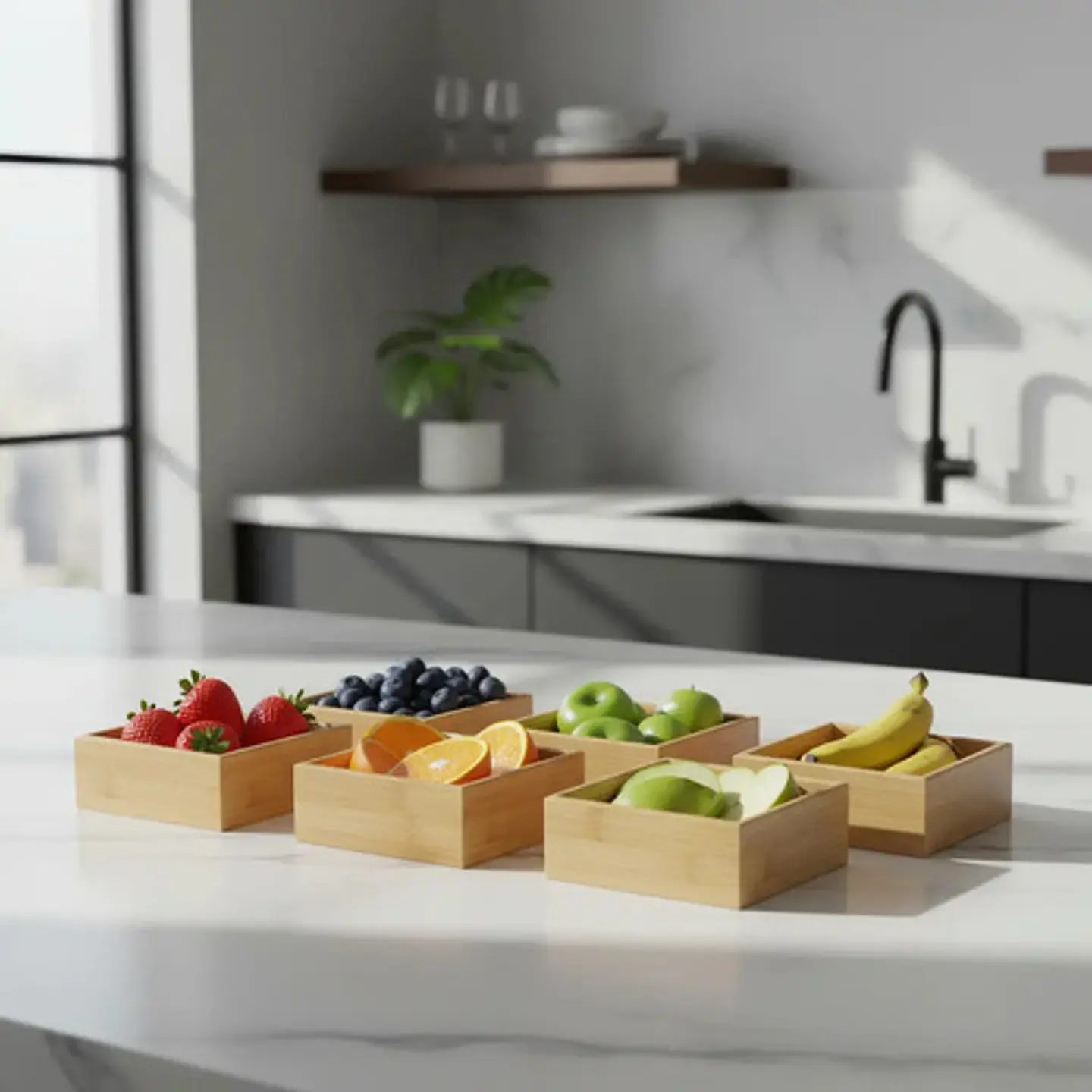Bandeja De Fruta De Bambú 25x27x5.5cm 6 Compartimentos 4