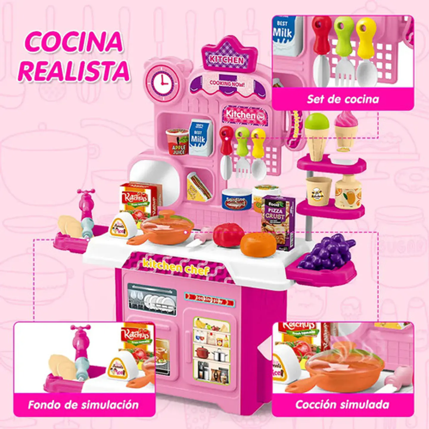 Cocina Infantil Para Niños Y Niñas 53 Accesorios 50cm Alto Verde 4