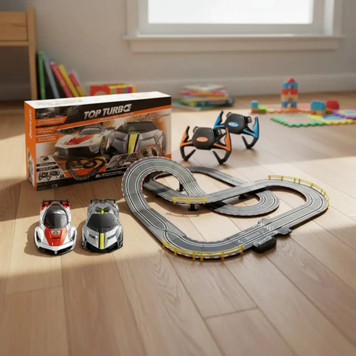 Pista De Carreras Eléctrica 2 Carros 6.6 Metros Naranja Para Niños Soba Naranja Oscuro 6