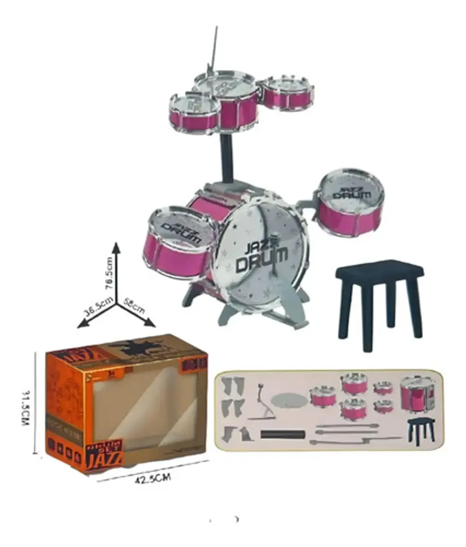 Batería Musical Infantil Jazz Drum 6 Tambores Con Silla Fucsia 3