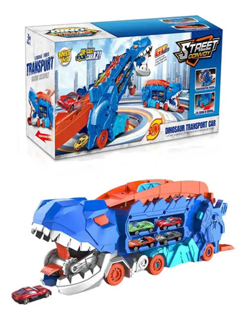 Camion Mula De Dinosaurio 2 En 1 T-rex Devora Autos Pista Azul 1