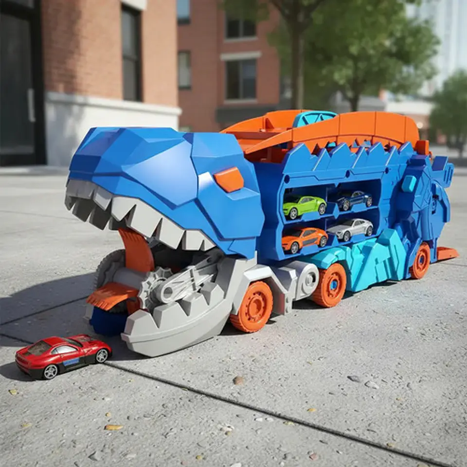 Camion Mula De Dinosaurio 2 En 1 T-rex Devora Autos Pista Azul 2