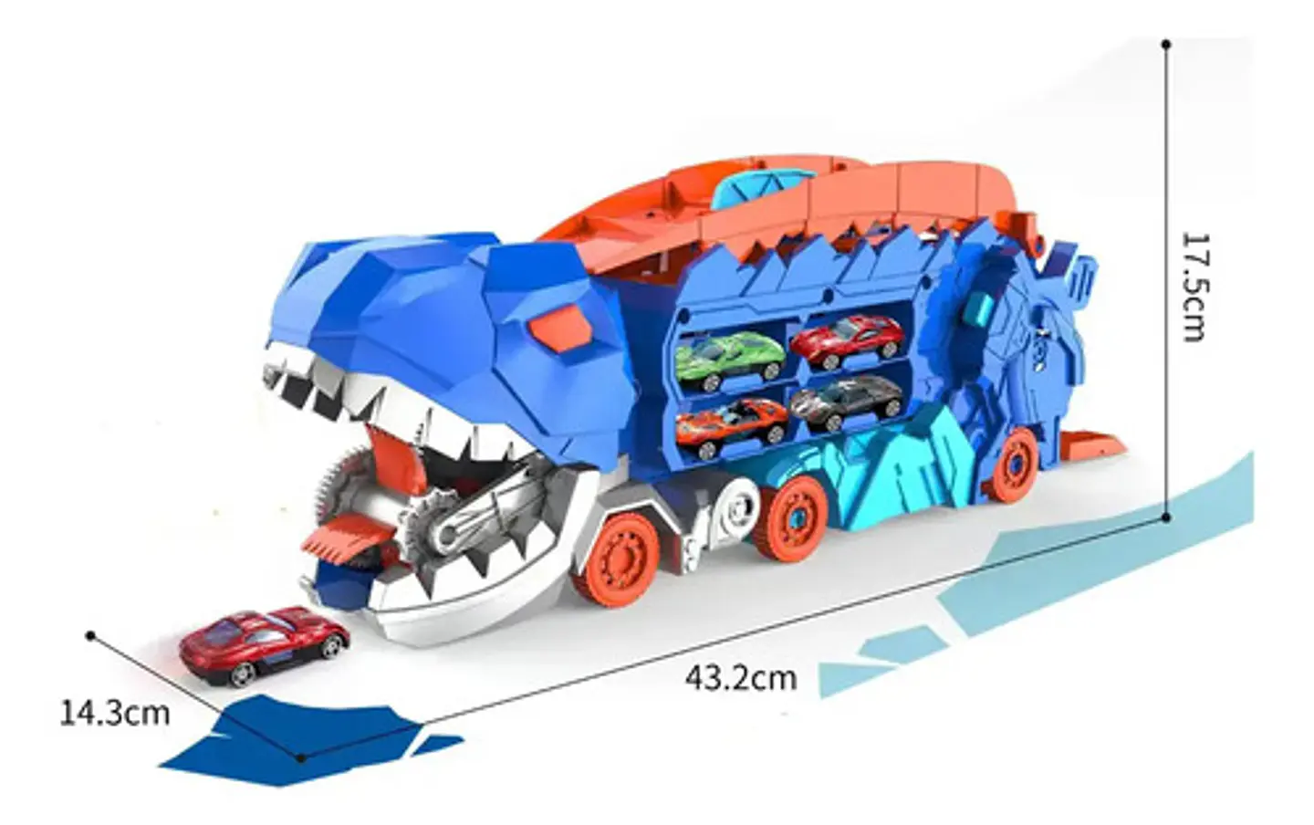 Camion Mula De Dinosaurio 2 En 1 T-rex Devora Autos Pista Azul 5