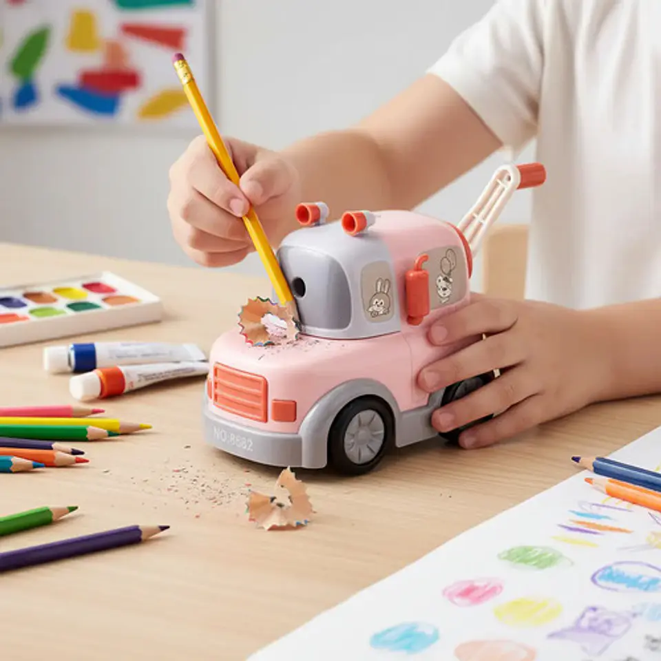 Sacapuntas Manual Infantil Forma Camión Escolar Con Manivela Agua 4