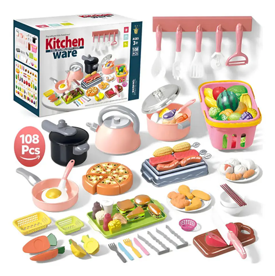 Kit Cocina Infantil 108 Pcs Utensilios Cucharas Cuchillos Coral Claro 1