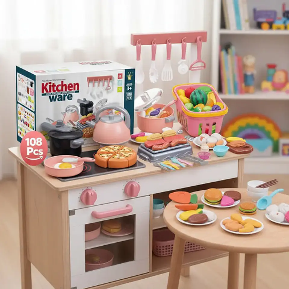 Kit Cocina Infantil 108 Pcs Utensilios Cucharas Cuchillos Coral Claro 3