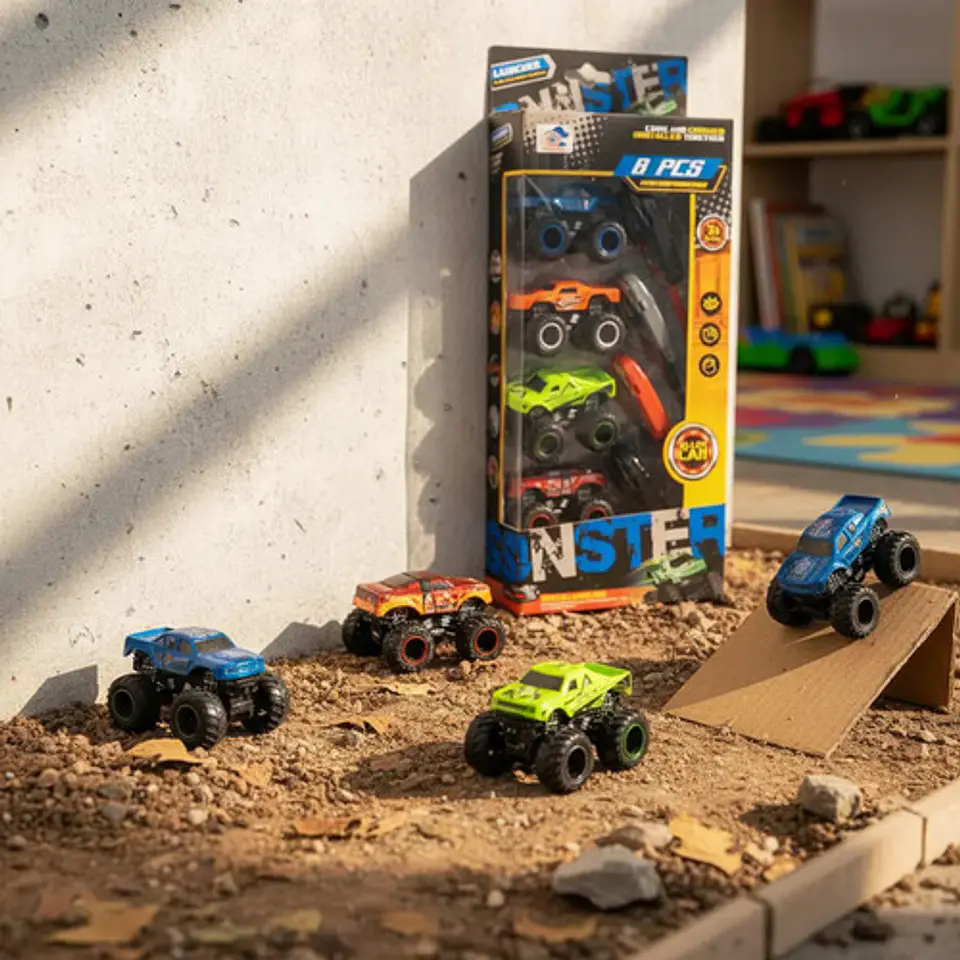 Set De Monster Trucks Metálicos Con Lanzador 8 Piezas 2