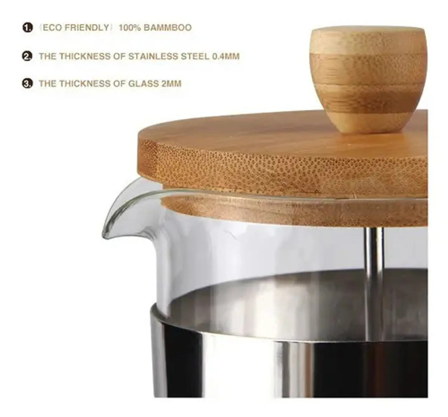 Cafetera Prensa Francesa A Embolo Vidrio Bamboo Media 600ml 6