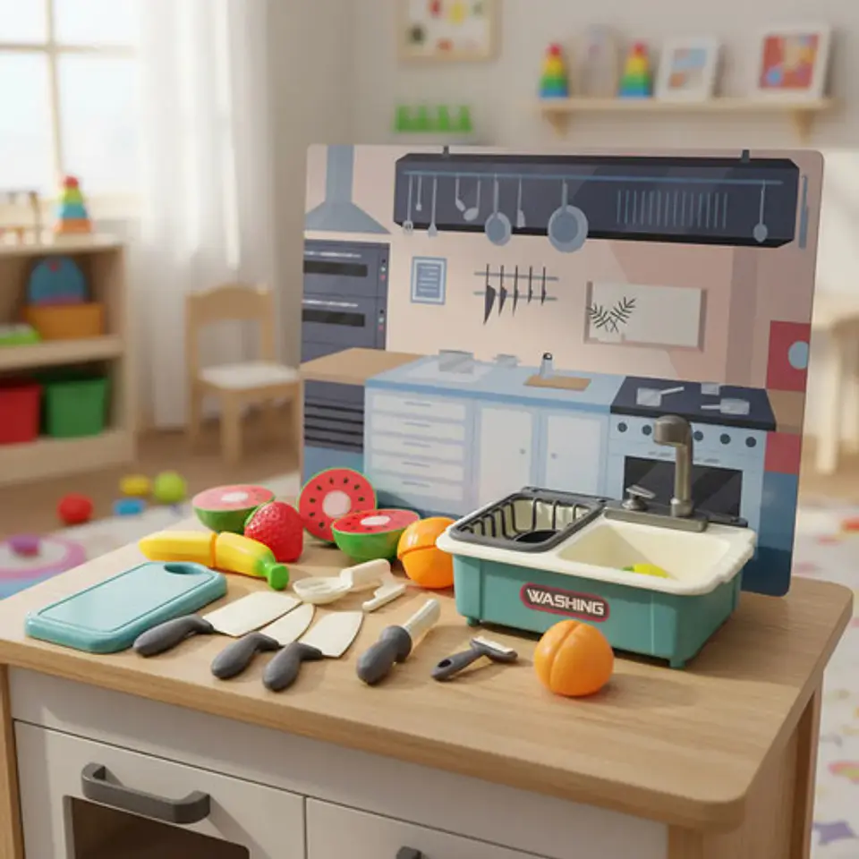 Lavaplatos Juguete Con Utensilios De Cocina Alimentos Velcro Azul Oscuro 1