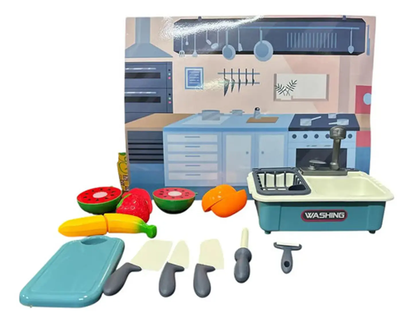 Lavaplatos Juguete Con Utensilios De Cocina Alimentos Velcro Azul Oscuro 3