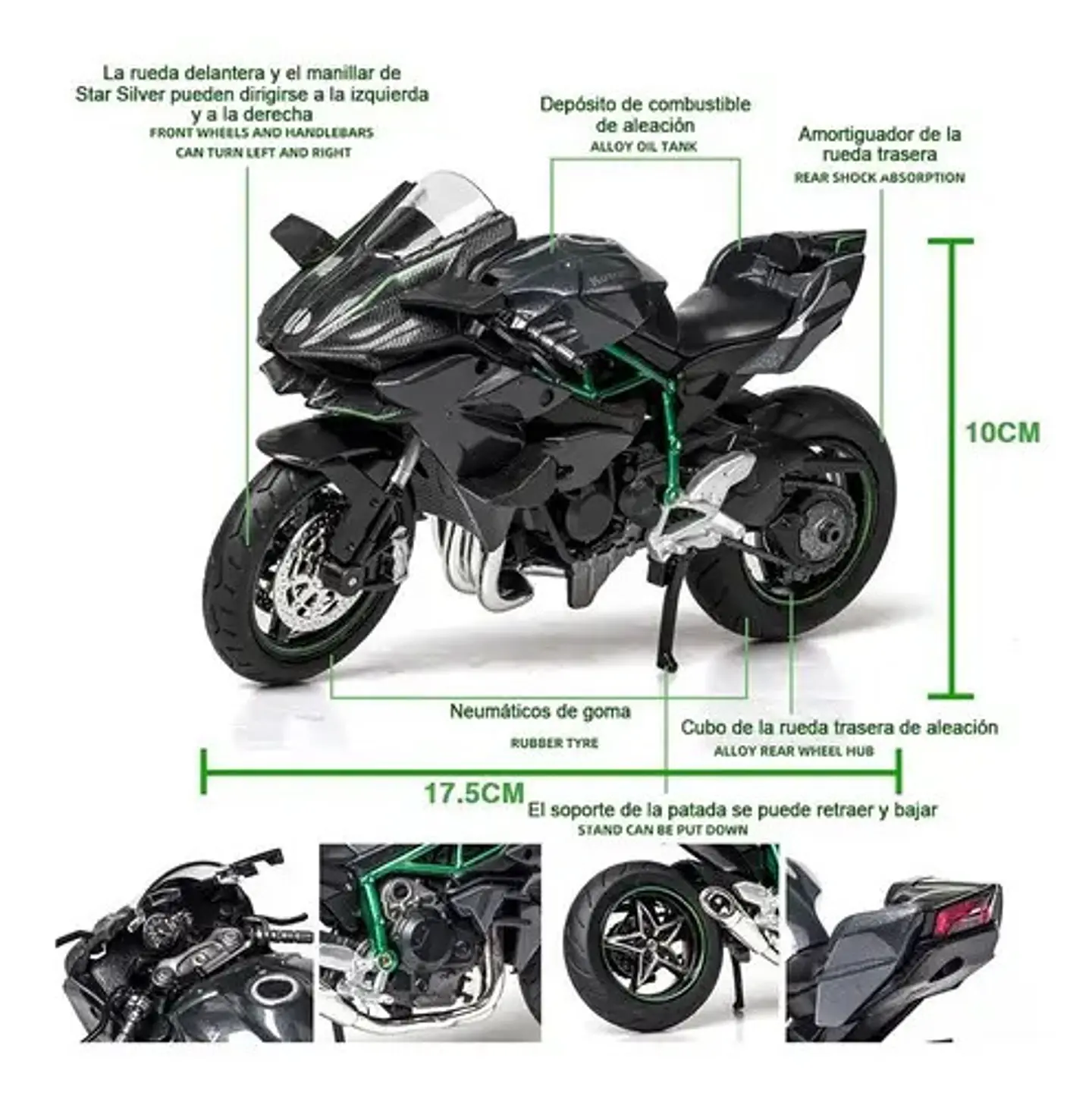 Kawasaki H2r Miniatura Moto Metal Con Luz Y Sonido 1:12 Color Negro 2