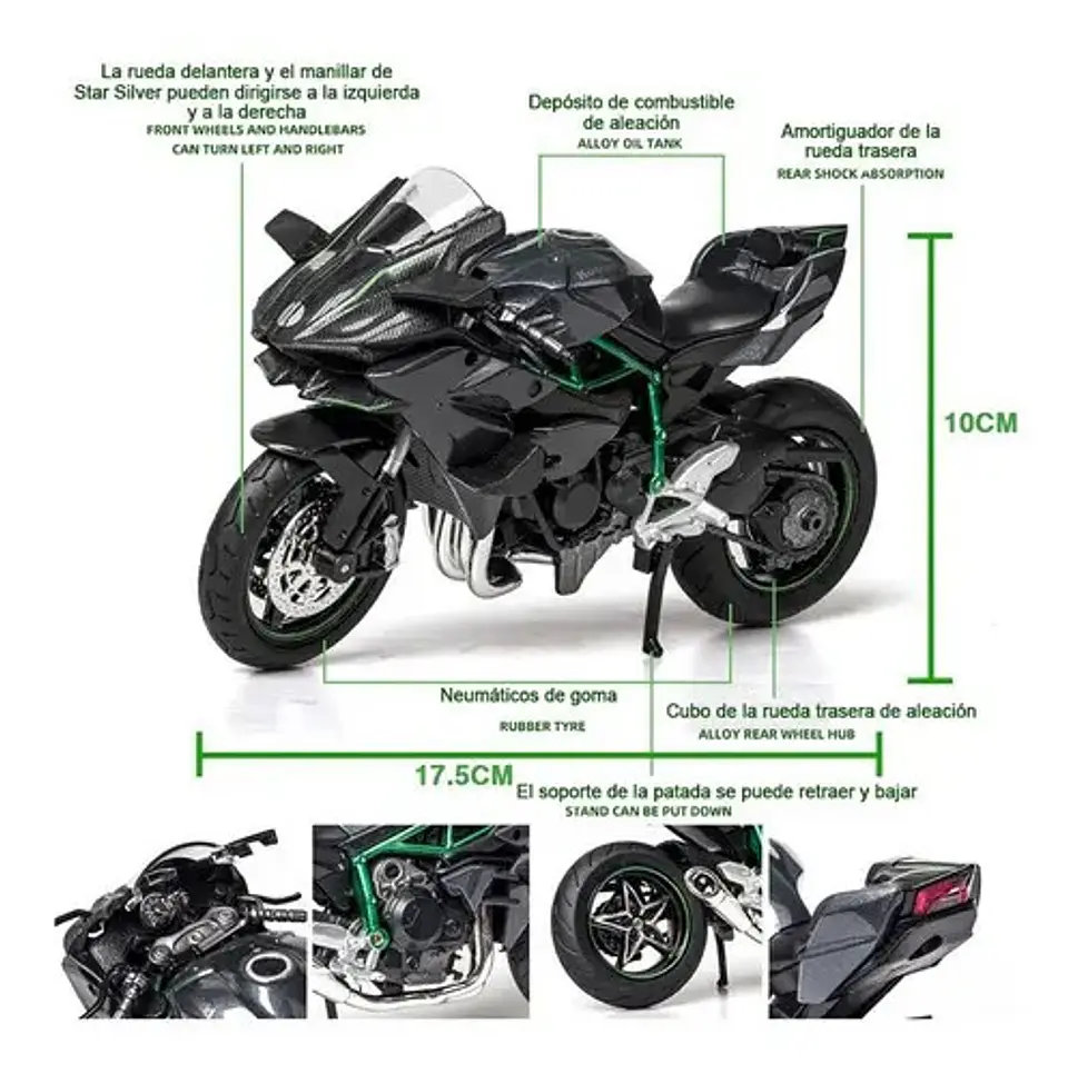 Kawasaki H2r Miniatura Moto Metal Con Luz Y Sonido 1:12 Color Negro 2