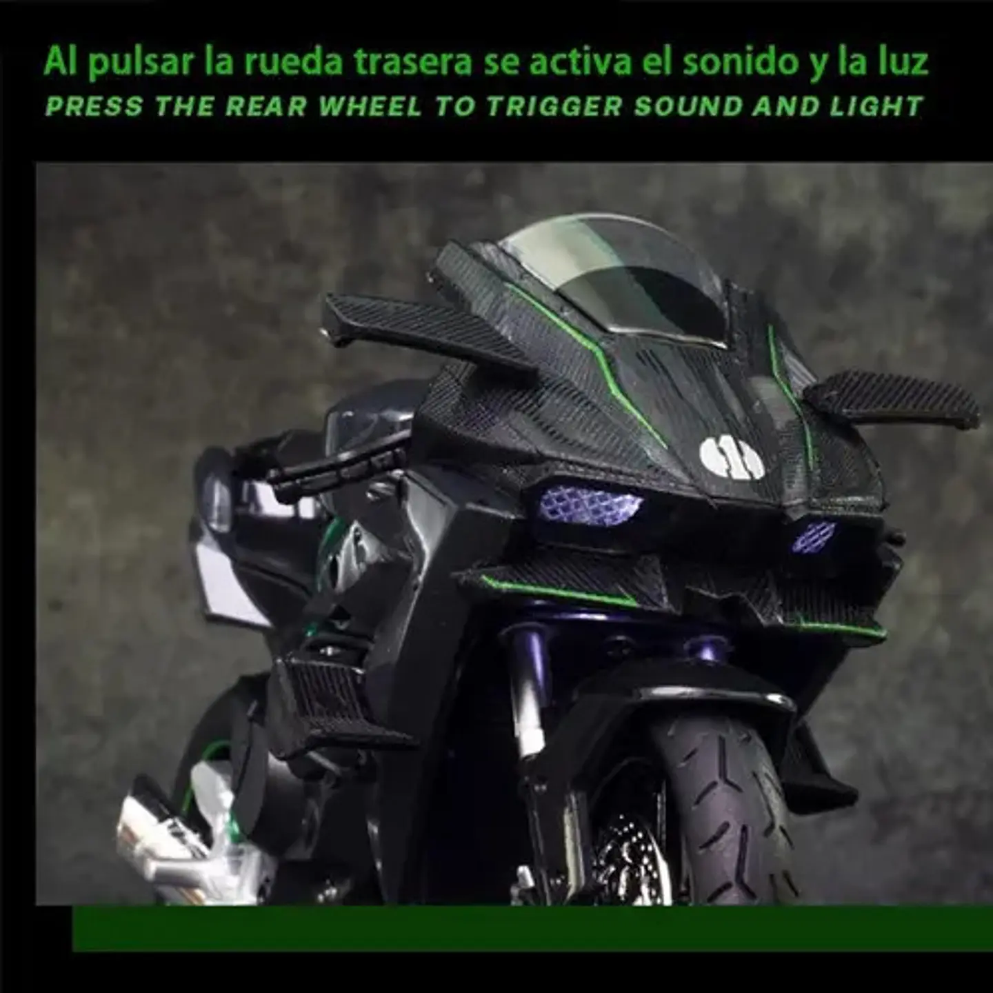 Kawasaki H2r Miniatura Moto Metal Con Luz Y Sonido 1:12 Color Negro 4