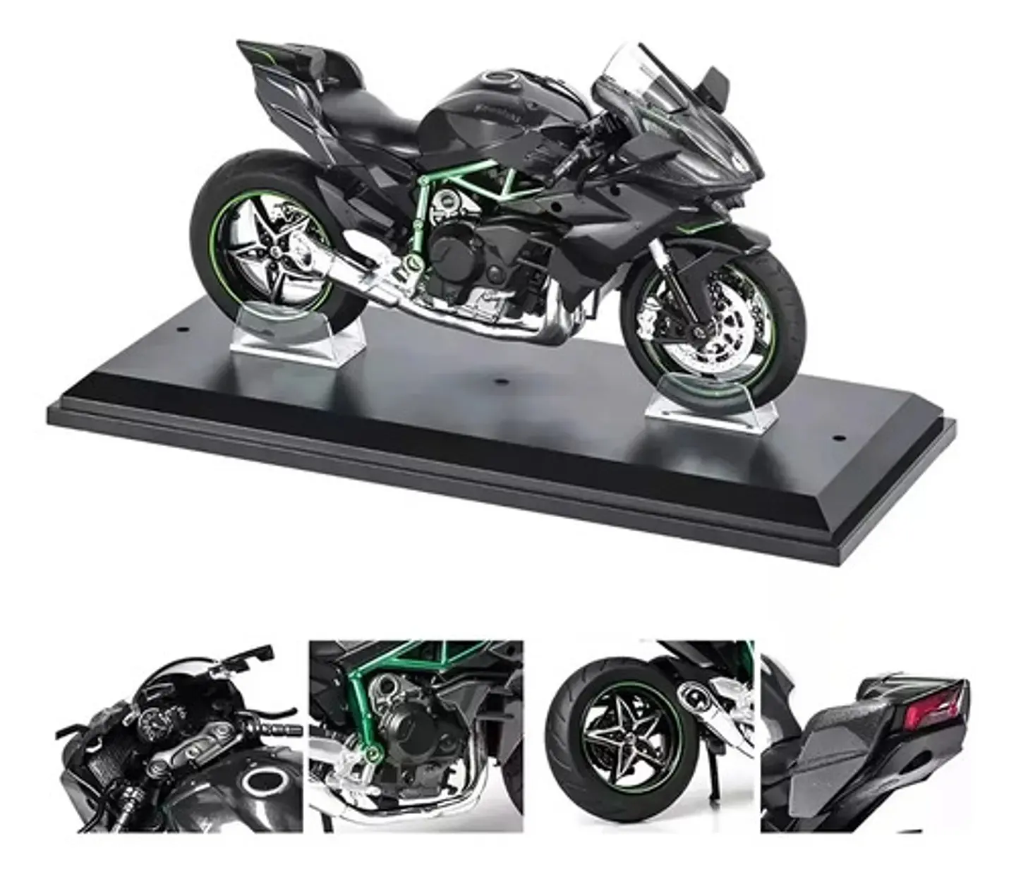 Kawasaki H2r Miniatura Moto Metal Con Luz Y Sonido 1:12 Color Negro 6
