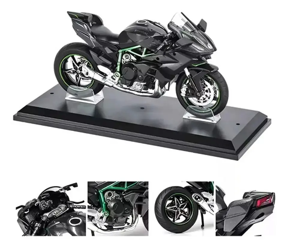 Kawasaki H2r Miniatura Moto Metal Con Luz Y Sonido 1:12 Color Negro 6