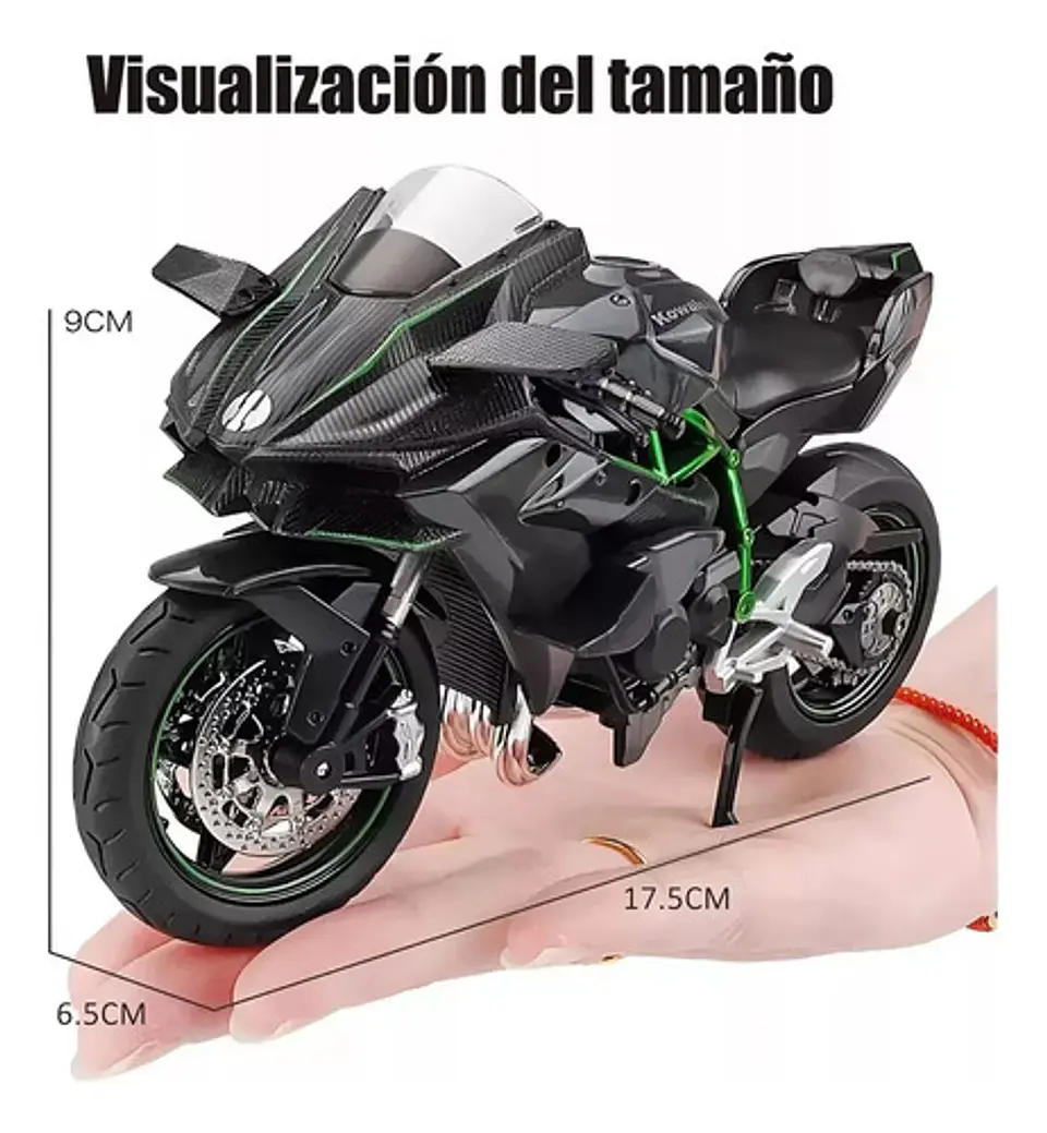 Kawasaki H2r Miniatura Moto Metal Con Luz Y Sonido 1:12 Color Negro 7