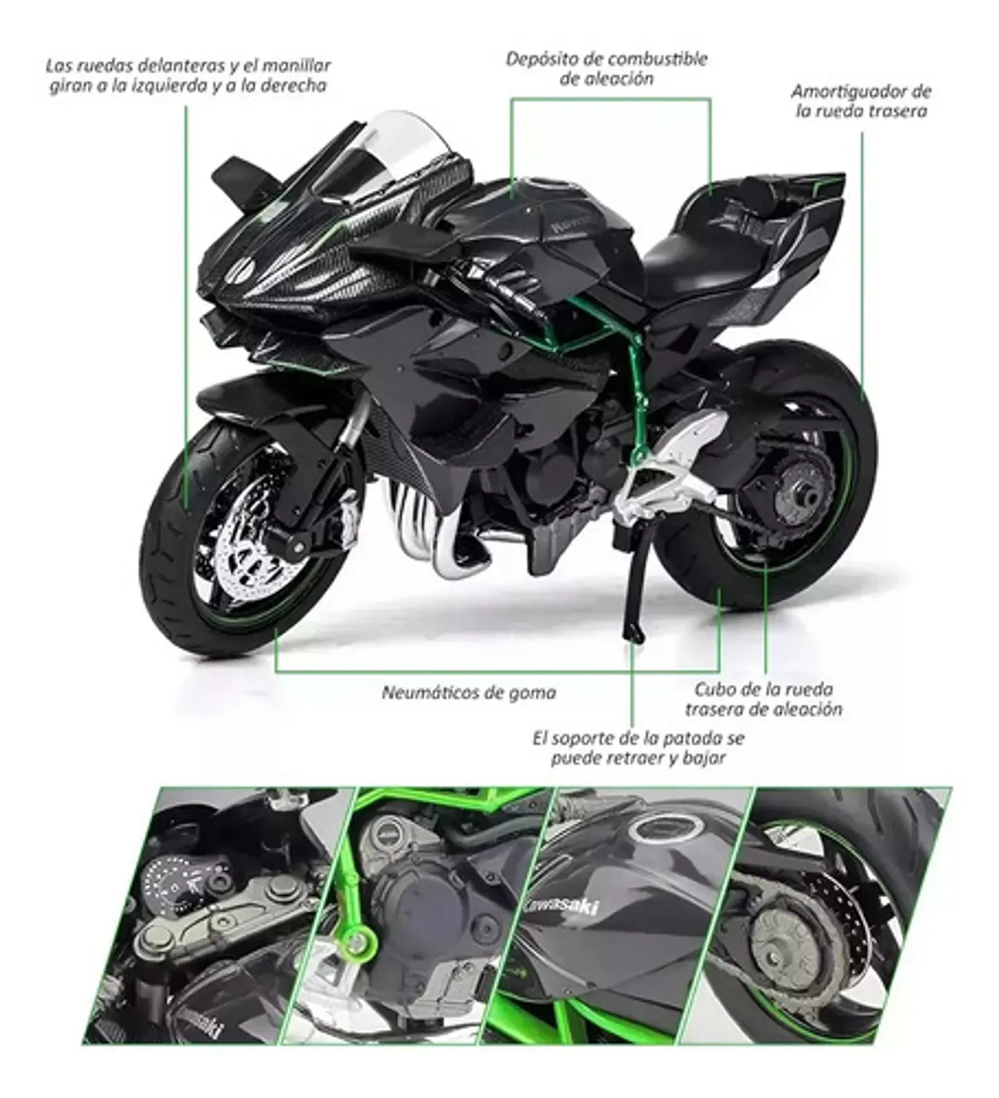 Kawasaki H2r Miniatura Moto Metal Con Luz Y Sonido 1:12 Color Negro 8