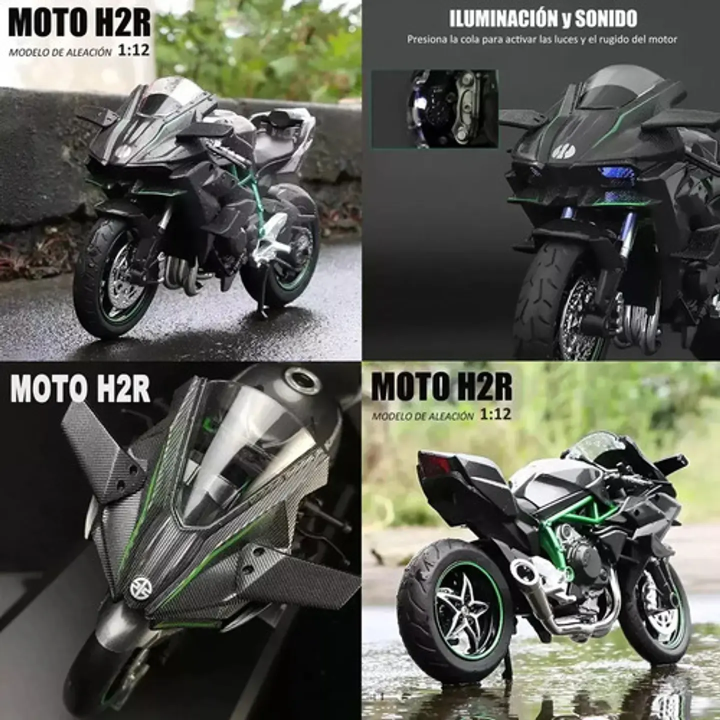 Kawasaki H2r Miniatura Moto Metal Con Luz Y Sonido 1:12 Color Negro 9