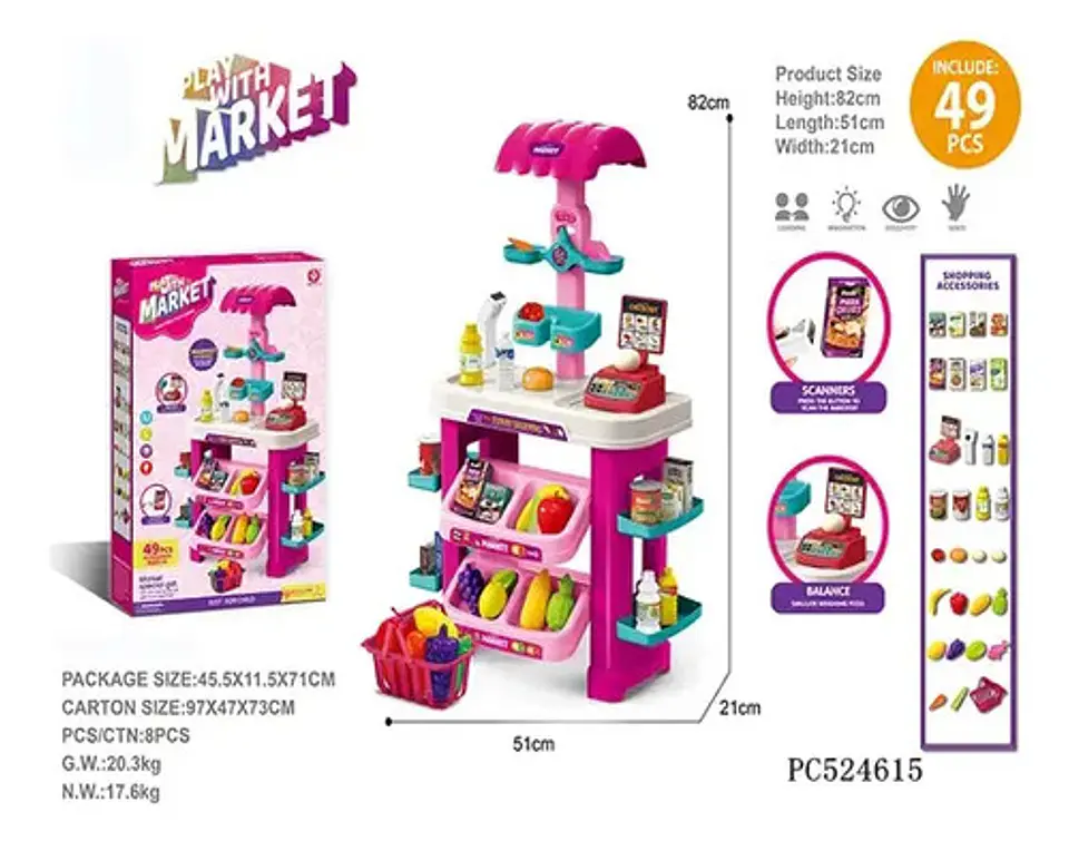 Juego De Supermercado Con Canasta, Caja Y Comida Juguete 4