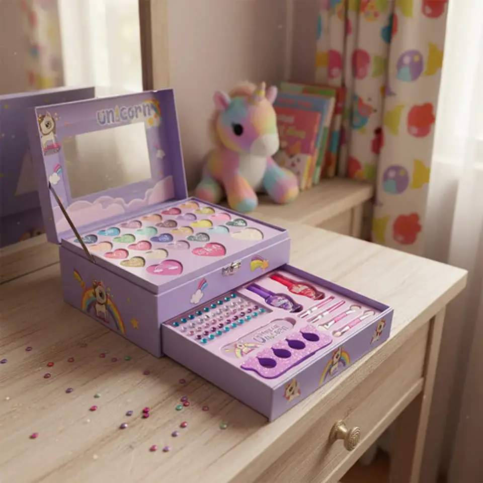 Maquillaje Para Niñas Unicornio Sombras Espejo Kit Caja 1